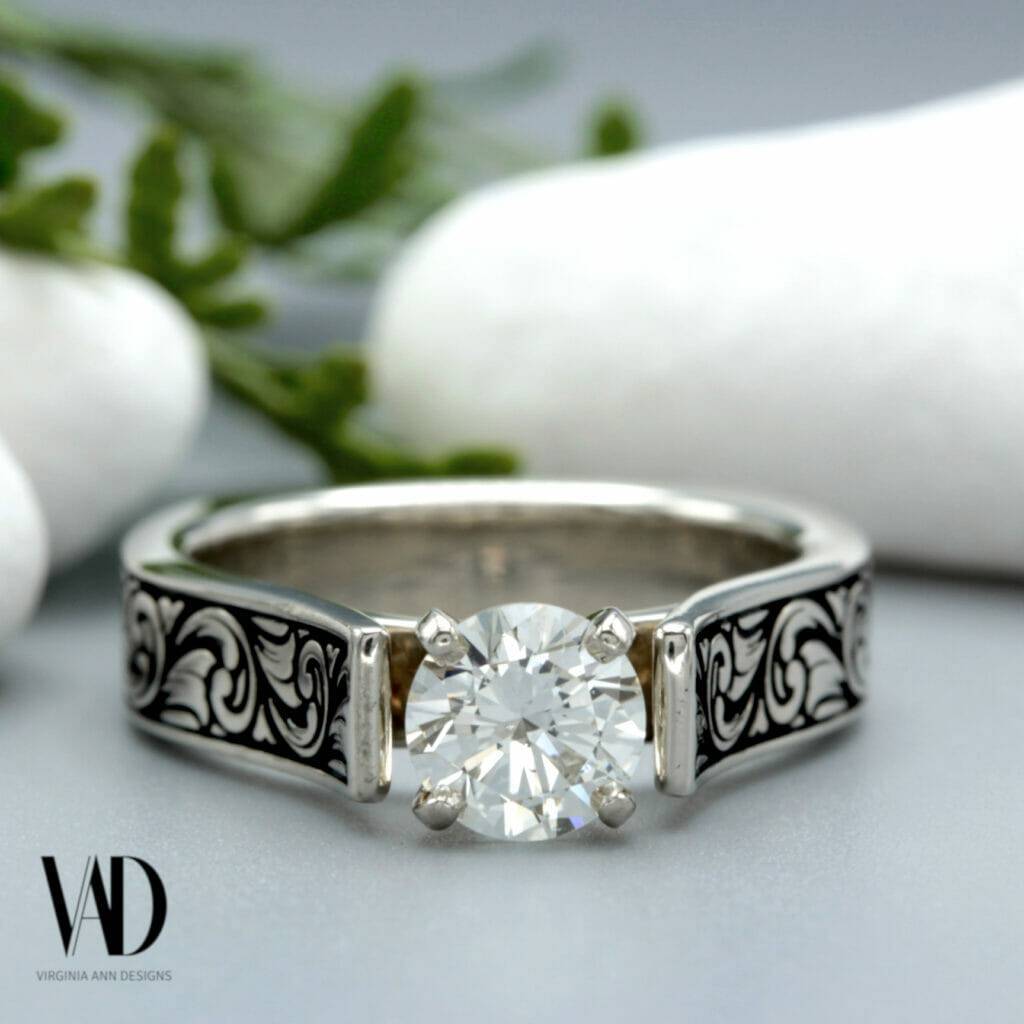 Western engraving diamond engagement ring 1