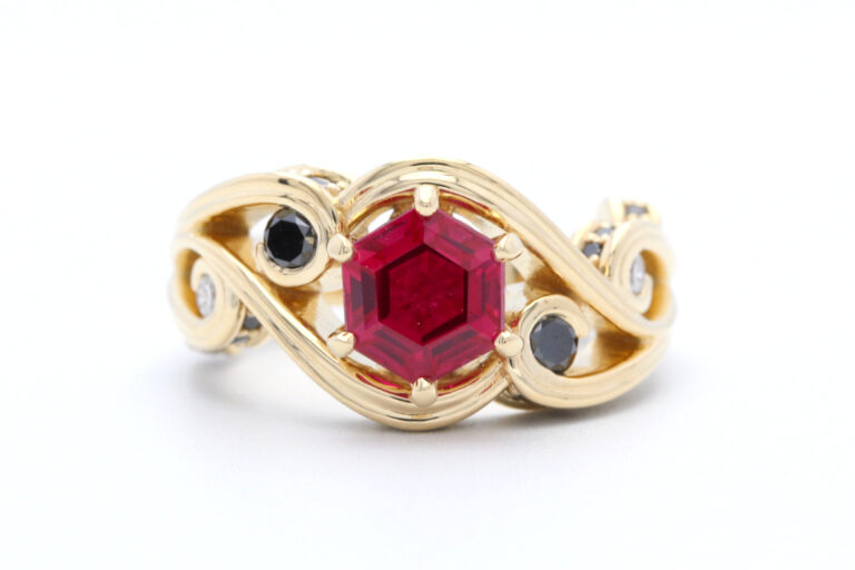 Ruby Black Diamond Yellow Gold Engagement Ring